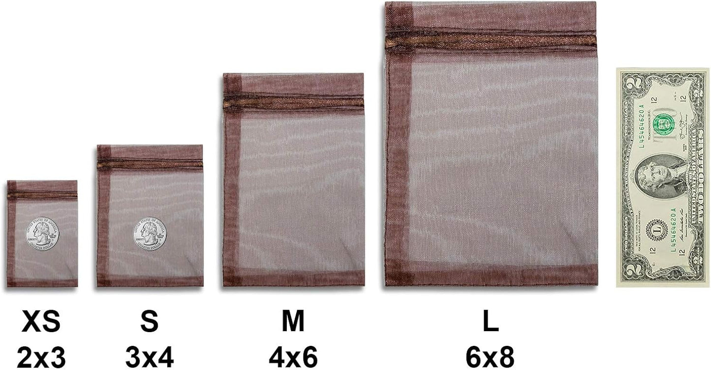TheDisplayGuys 48-Pack 2" x 2-3/4" Brown Sheer Organza Gift Bags with Drawstring, Goodie Bags for Jewelry, Candy Bags, Treat Bags, Wedding Favors Small Mesh Bags