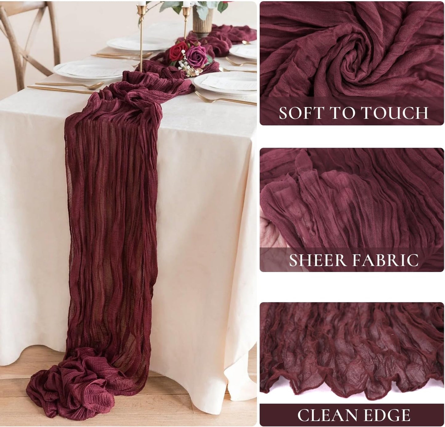 6 Pack Burgundy Table Runner Cheesecloth Gauze Red Table Runner 35x120 Inch Rustic Boho Cheese Cloth Sheer Runner for Wedding Baby Shower Bridal Shower Birthday Party Christmas Decorations