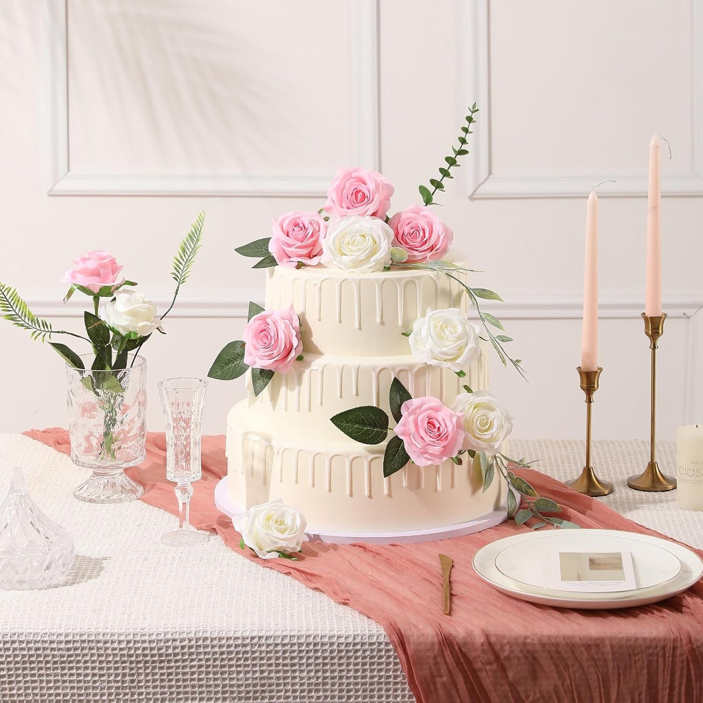 Tifuly Pink Roses Artificial Flowers - 12 pcs Realistic Single Long Stem Fake Silk Roses Bouquet for Party Home Wedding Centerpiece Office DIY Decor