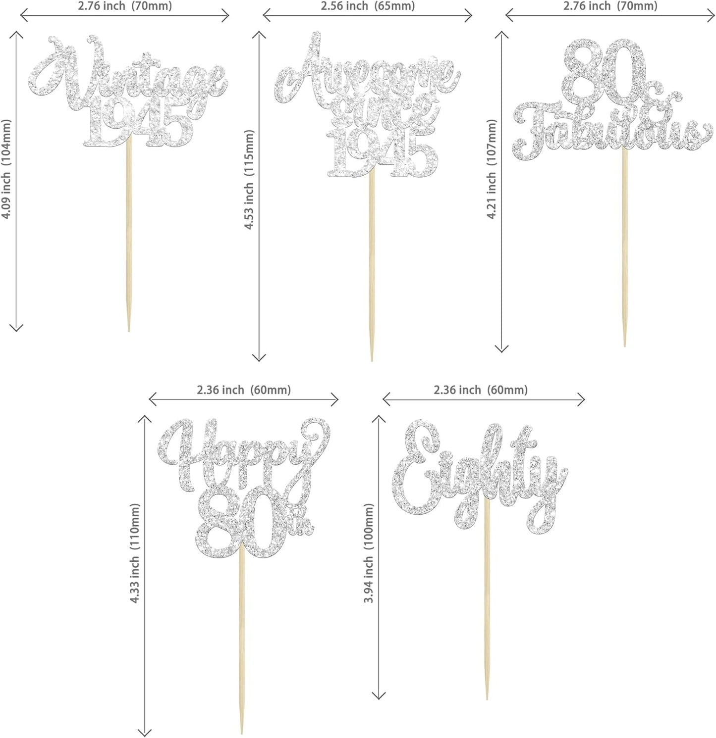 30Pcs Happy 80th Birthday Cupcake Toppers Glitter Awesome Since 1945 Eighty 80 Fabulous Vintage 1945 Cupcake Picks for 80th Birthday Anniversary Retirement Party Cake Decorations Supplies Silver
