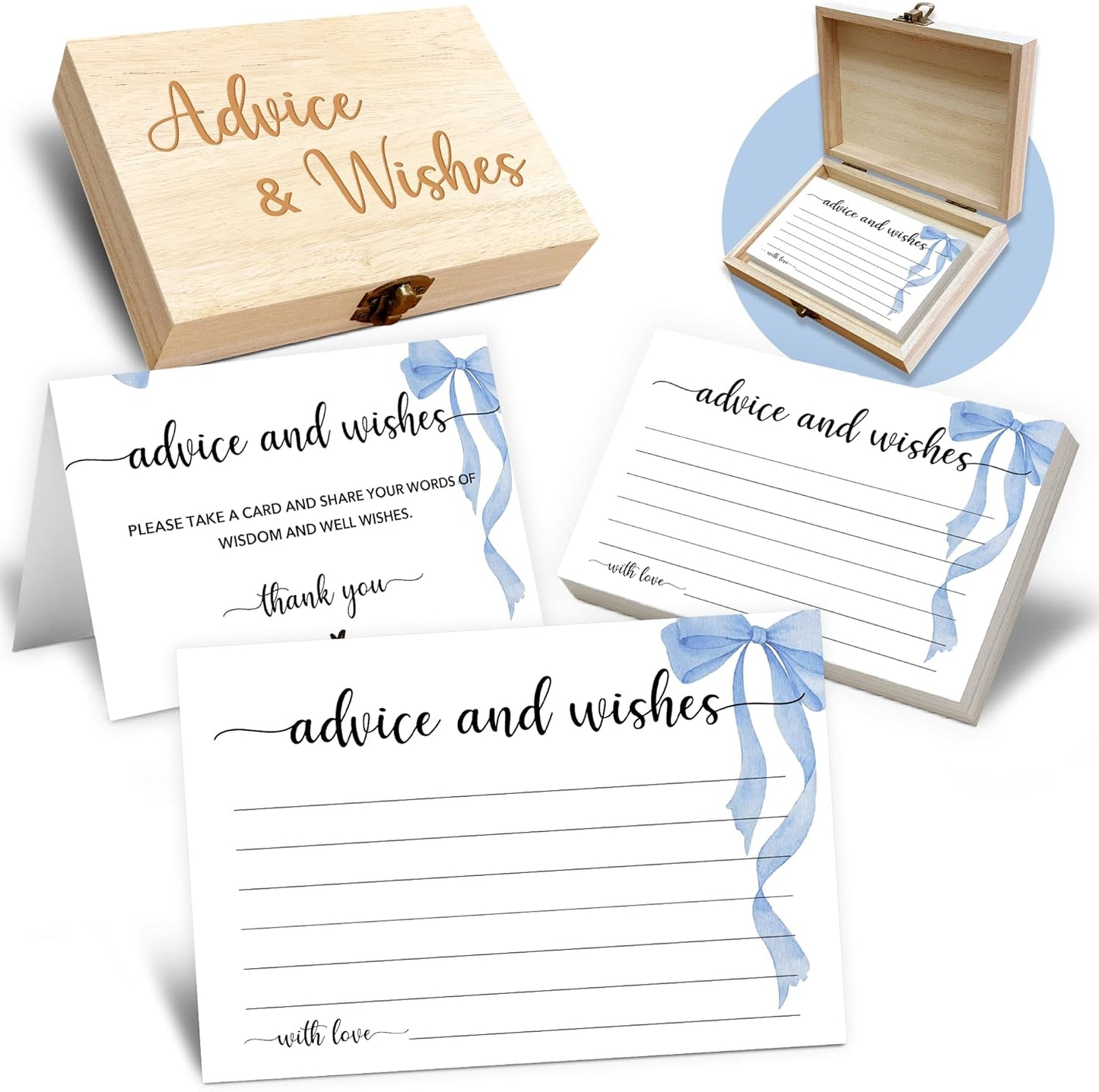 Advice and Wishes Cards Box, 50 Pcs Birthday Wedding Baby Shower Advice Cards, Well Wishes Box for Birthday Party Graduation Bridal Shower Retirement Party, Anniversary(Blue Bow) -A01