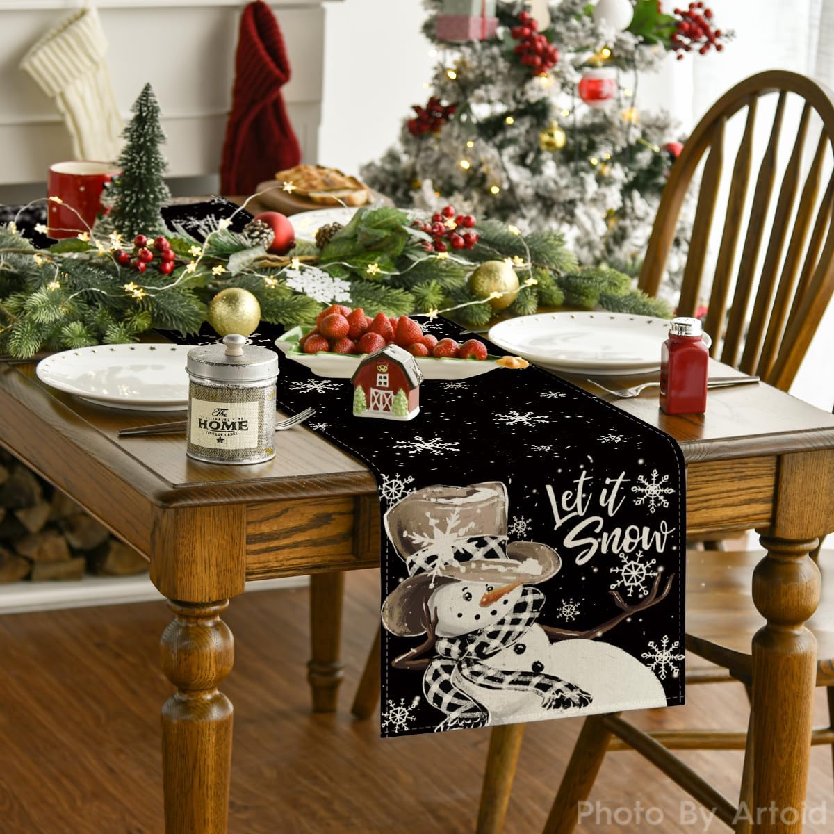 Artoid Mode Black Snowman Snowflake Let it Snow 2PCS Winter Table Runner, Christmas Kitchen Dining Table Decoration for Home Party Decor 13x72 Inch