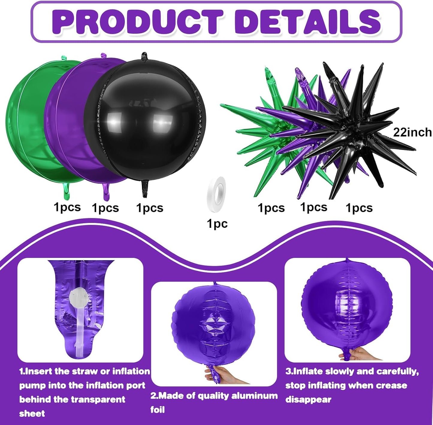 6Pcs Black Purple Green Foil Balloons,22Inch Black Green Purple 4D Round Ball Balloon and Explosion Star Balloon for Halloween Birthday Wedding Baby Shower Anniversary Party Decorations
