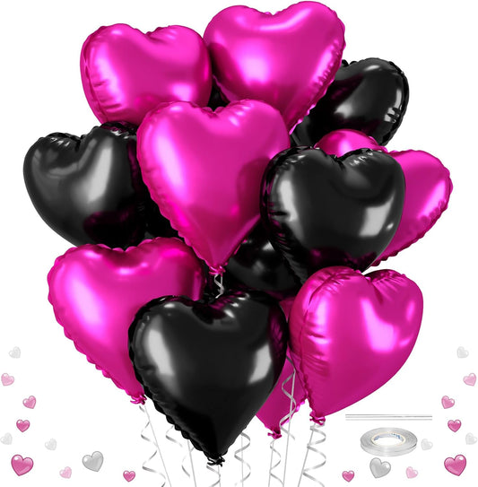 12 Pcs Heart Balloons, 18 inch Valentine's Day Balloons, Hot Pink Black Heart Foil Helium Balloon, Love Printed Foil Balloon for Valentine's Day Wedding Baby Shower Party Decorations