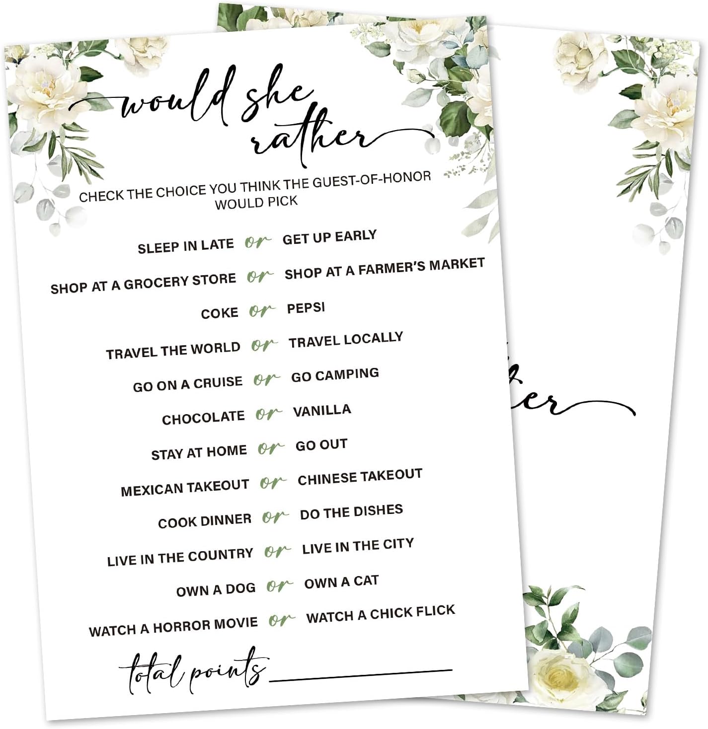 Eucalyptus Bridal Shower Games 30 Guests, Would She Rould Bridal Games for Showers, White Rose Wedding Engagement Party Activity Party Supplies/Green-03