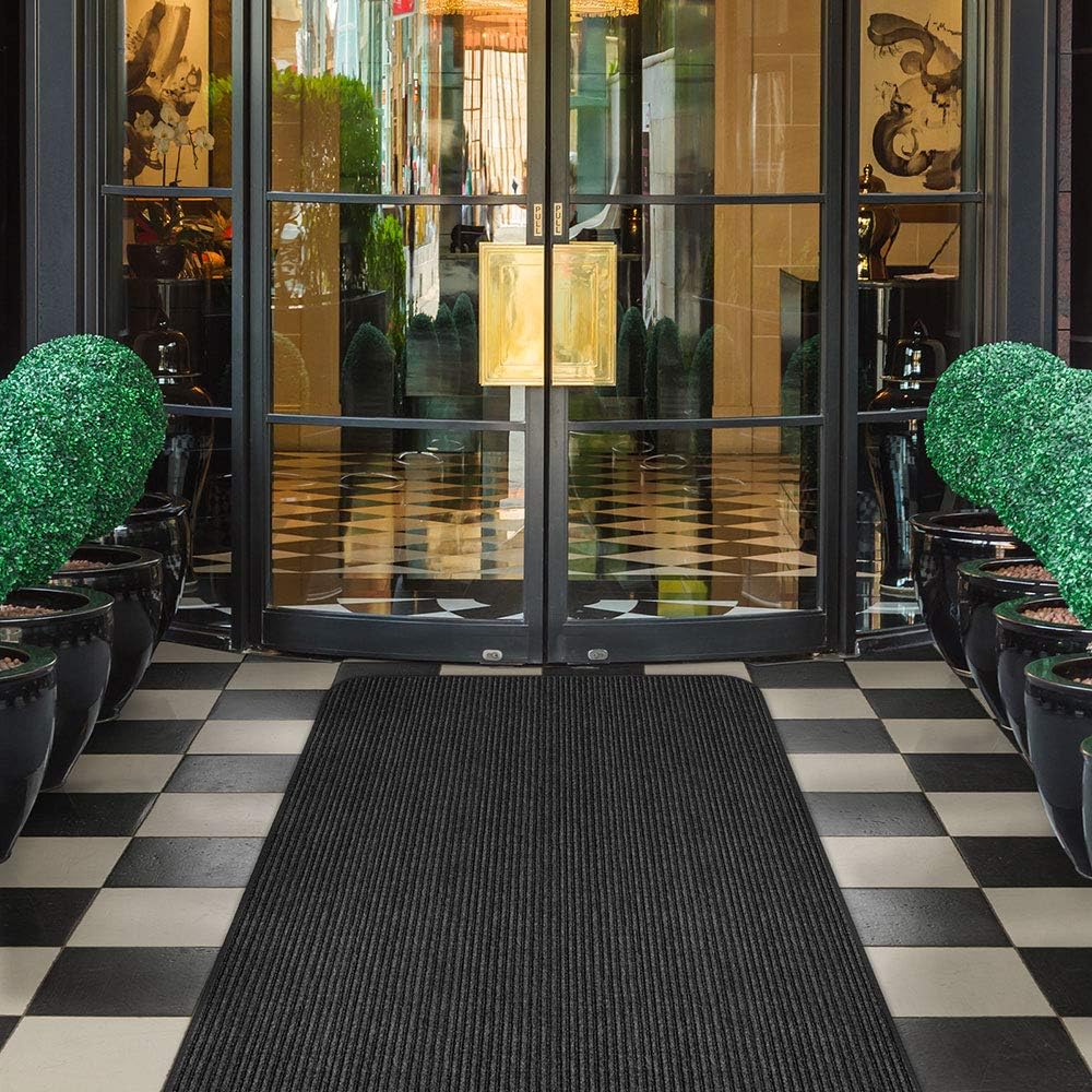 House, Home and More Indoor Outdoor Double-Ribbed Carpet Runner with Skid-Resistant Rubber Backing - Smokey Black - 4 Feet x 30 Feet