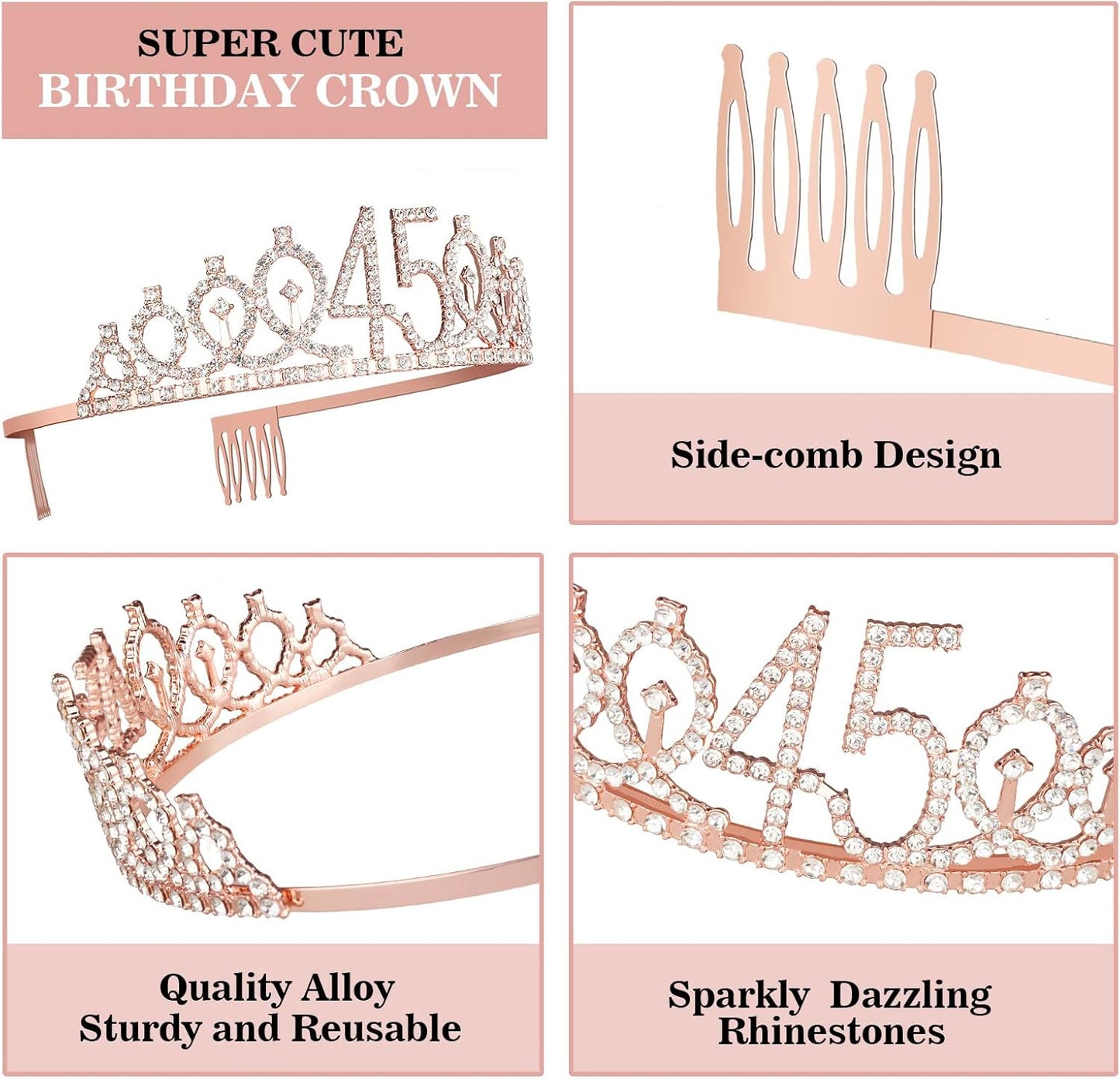45 Birthday Decorations for Women Including Birthday Sash and Tiara, Cake Topper and Candles, 45 Year Old Gifts for Women, Rose Gold Party Decor Supplies