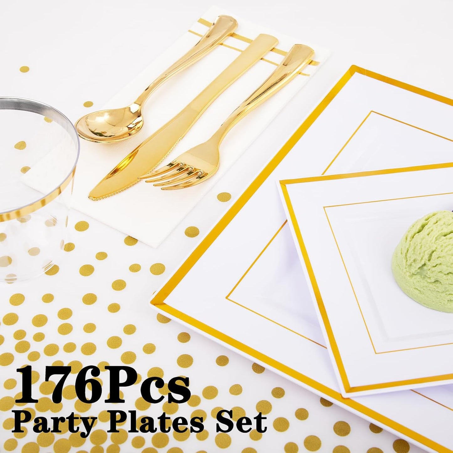 Festiva 176Pcs Gold Plates Disposable - Square Party Plates Dinnerware Sets - include Cups,Plastic Cutlery,Hand Napkins，Tablecloth for 25 Guests Party&Wedding&Christmas&Thanksgiving