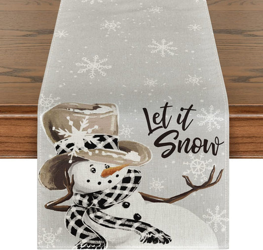 Artoid Mode Grey Snowman Snowflake Let it Snow Christmas Table Runner, Seasonal Winter Kitchen Dining Table Decor for Home Party Indoor 13x90 Inch