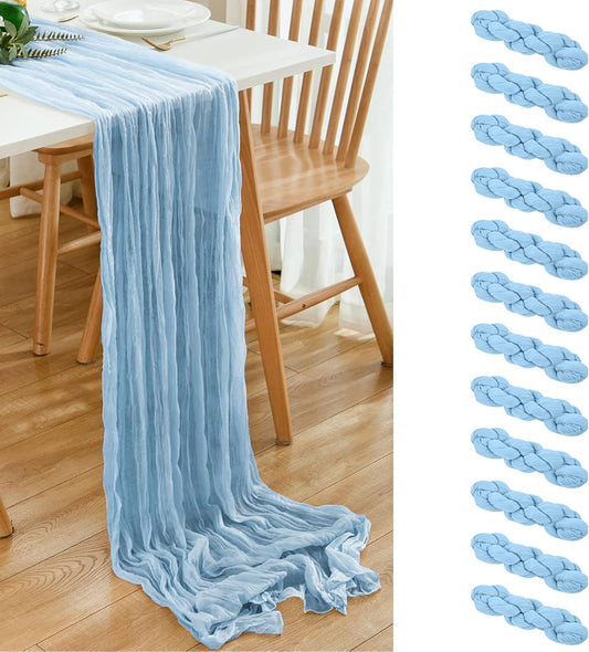 12 Pack Light Blue 10 Ft Cheesecloth Table Runner 20x120 Inch Boho Wrinkled Sheer Romantic Gauze Decor for Wedding, Bridal Shower, Birthday Party