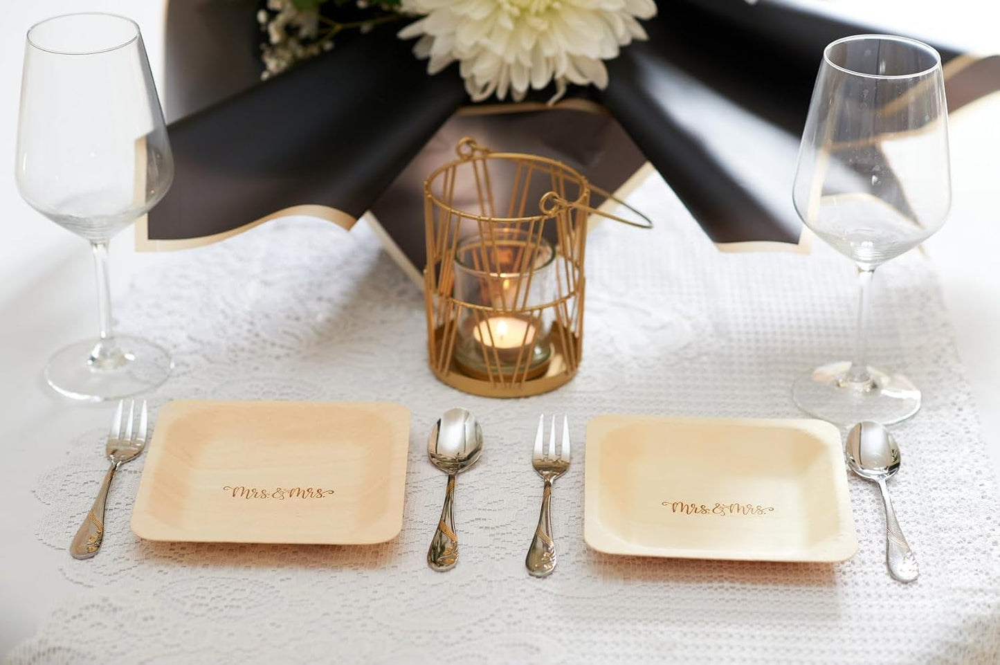 Mrs. and Mrs. Disposable Wedding Plates – Rustic, Compostable Alternative to Plastic Plates for Wedding Receptions, Engagement Parties, and Rehearsal Dinners (Appetizer, 50-Pack)