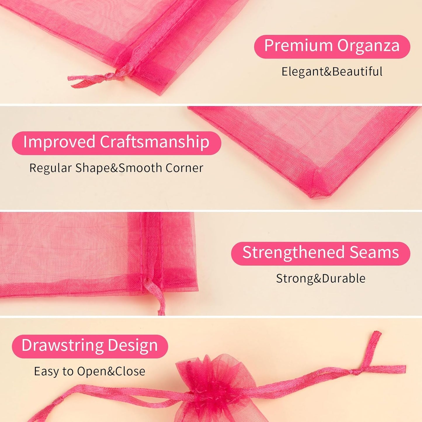 50 Pcs Hot Pink Organza Gift Bags 5x7 Inch, Small Mesh Bags Drawstring Jewelry Pouch Bags Goody Bags for Candy Wedding Party Favor