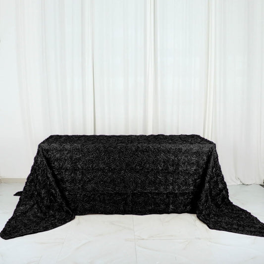 Efavormart 90"x156" Wholesale Rectangle Table Cover Black Grandiose Rosette 3D Satin Tablecloth for Wedding Party Event Decoration