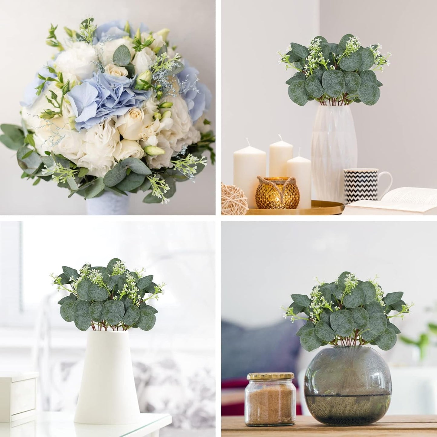 80 Pcs Mixed Eucalyptus Leaves Stems Bulk Artificial Silver Dollar Leaves for Vase Bouquets Baby Eucalyptus Leaves for Family Wedding Center Flower Arrangement