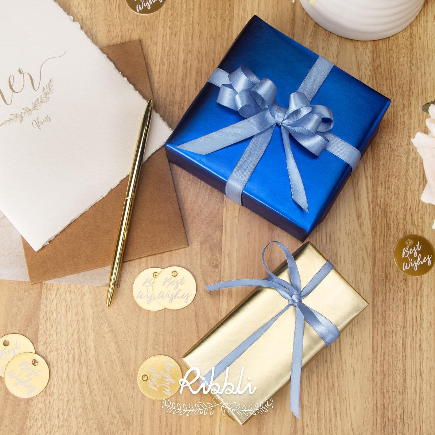 Ribbli Dusty Blue Satin Ribbon,Double Faced Satin 1/4 inch x Continuous 25 Yards,Use for Bows Bouquet,Gift Wrapping,Wedding Decoration,Floral Arrangement