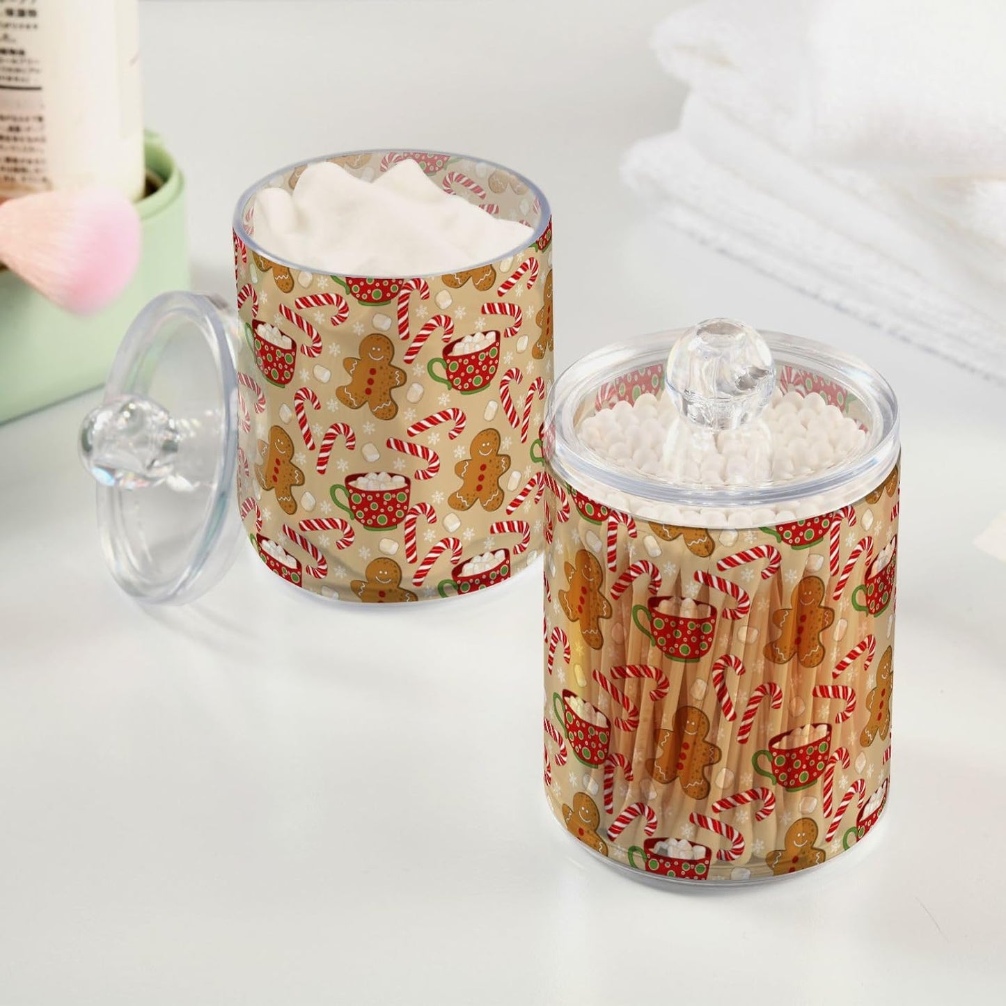Gredecor Qtip Holder Dispenser 2 Pack Cute Gingerbread Men Snowflakes Candy Bathroom Decorative Storage Canister Holder Counter Vanity Organizer for Cotton Ball Swabs Pads Floss