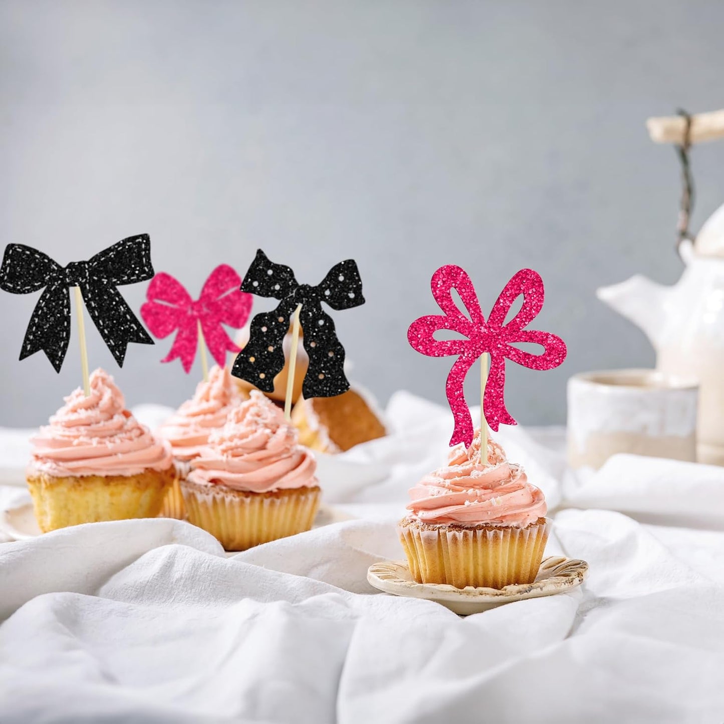Ephlyn 24Pcs Pink Bow Cupcake Toppers Bow Birthday Cake Topper Girls Birthday Party Decorations Bowknot Cupcake Decorations for Bridal Baby Shower Birthday Wedding Themed Party Black Rose Red