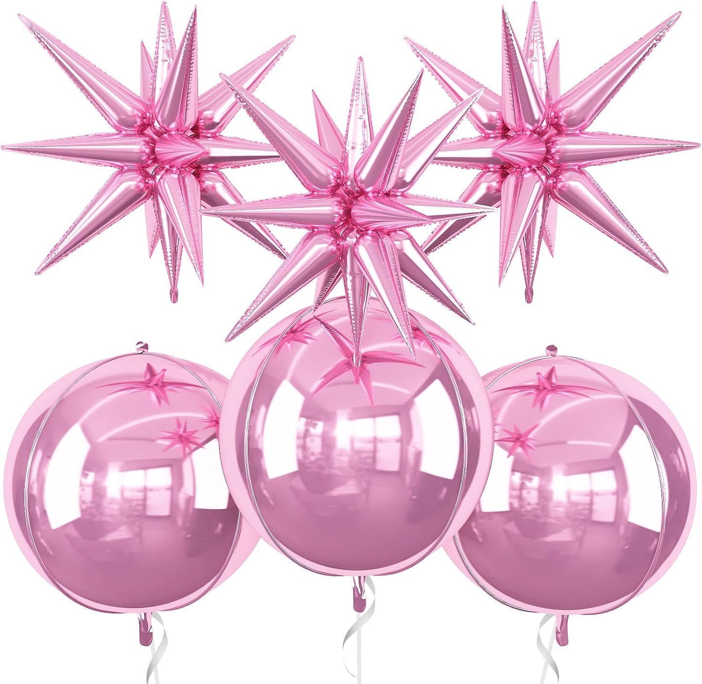 6Pcs Pink Foil Balloons,22Inch Light Pink 4D Round Ball Balloon and Explosion Star Balloon for Birthday Wedding Baby Shower Anniversary Decorations