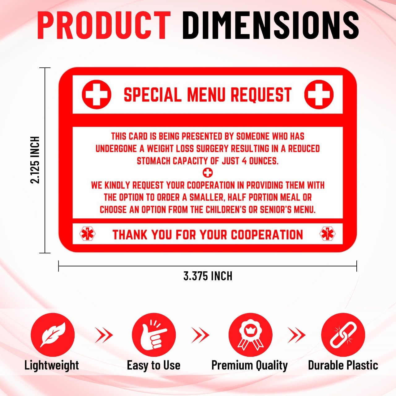 Bariatric Card for Restaurants, Special Menu Request Card, Portion Control Restaurant Request for Bariatric or Gastric Sleeve Patients, Wallet Sized, Set of 2 (5, Red, 3.375in x 2.125in)