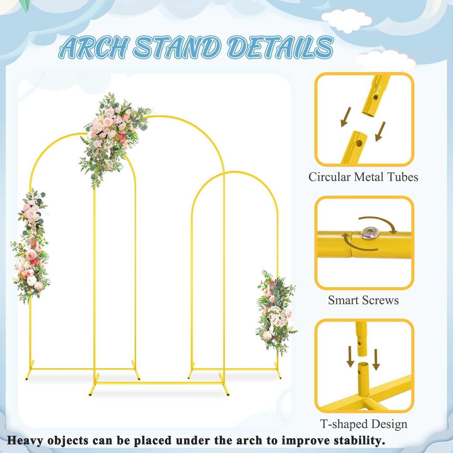 FOTSHARER Metal Wedding Arch Stand and Cover Set of 3 Gold Balloon Arch Backdrop Stand 6FT, 5FT, 4FT Beige Spandex Arch Covers Stretchy Backdrop for Gender Reveal Baby Shower Birthday Party Decoration