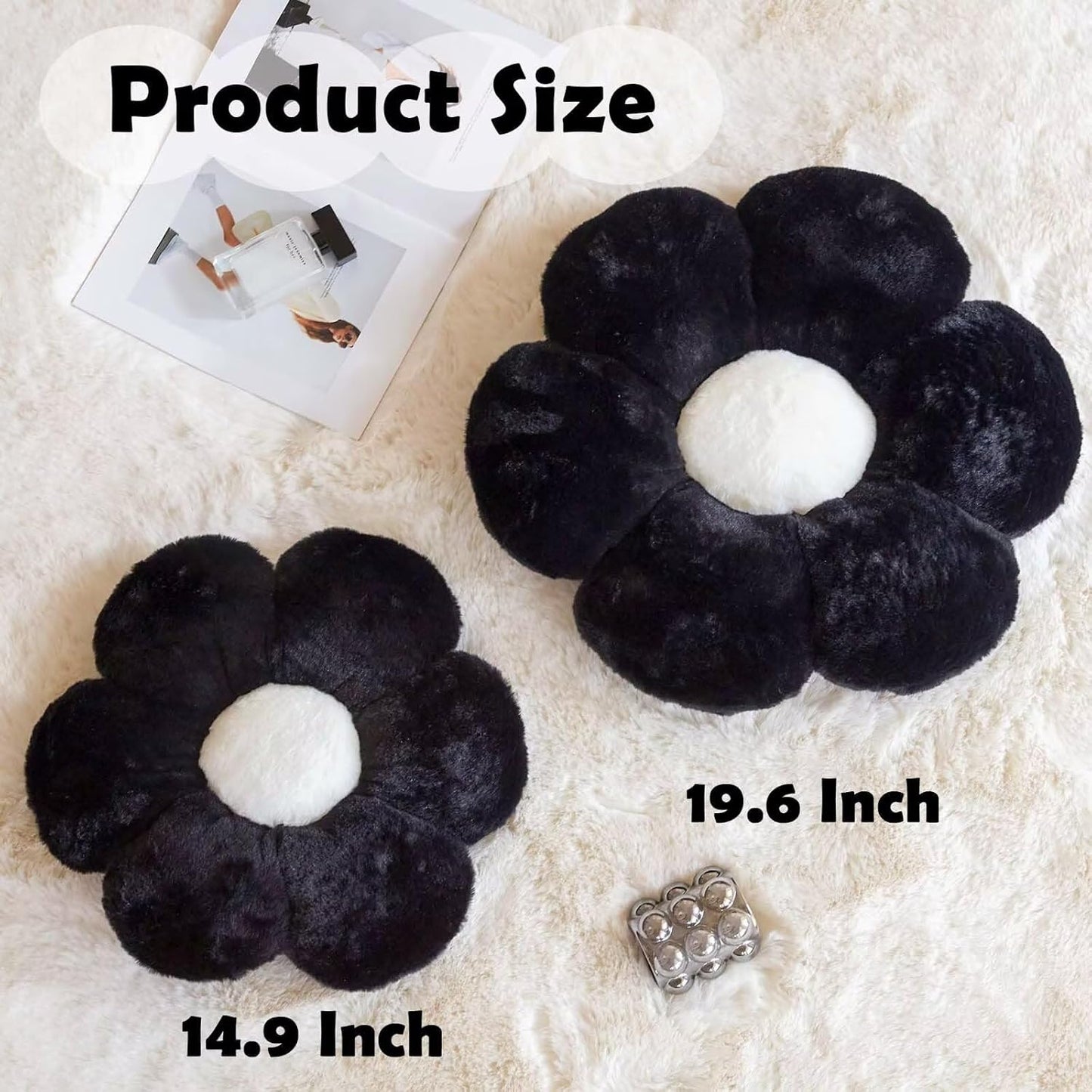 Black Flower Shaped Throw Pillow with Faux Rabbit Fur, 14.9" Soft Plush Throw Pillow for Bedroom & Living Room