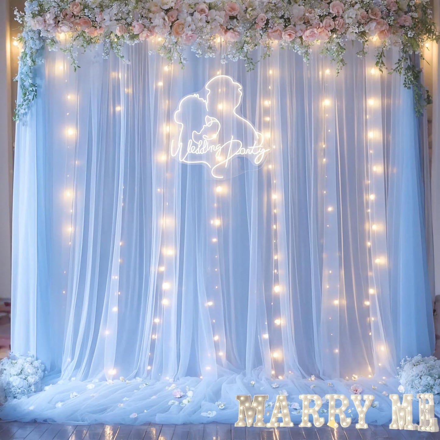 Baby Blue Sheer Tulle Backdrop Curtains with Lights String for Parites Baby Shower Decorations for Boy Bridal Shower Birthday Party Photo Shoot Background Wall Decorations 10×8ft(2 Panels 5×8ft)