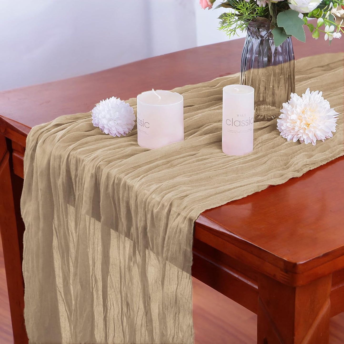 4 Pack Beige Cheesecloth Table Runner 35x120 Inch Boho Gauze Fabric Cheese Cloth Table Runner 10Ft Rustic Romantic Sheer Table Runners for Wedding Party Bridal Baby Shower Long Table Decoration