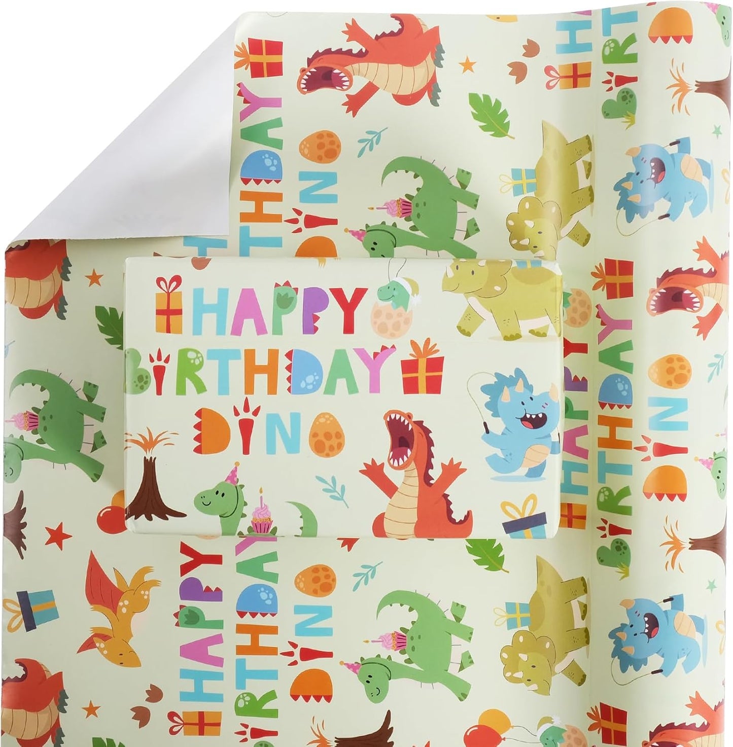 Aimyoo Dinosaur Birthday Wrapping Paper Roll - 17 Inch X 32.8 Feet - Green Happy Birthday Dino Pattern Gift Wrap Paper for Boys Party, Baby Shower, Holiday