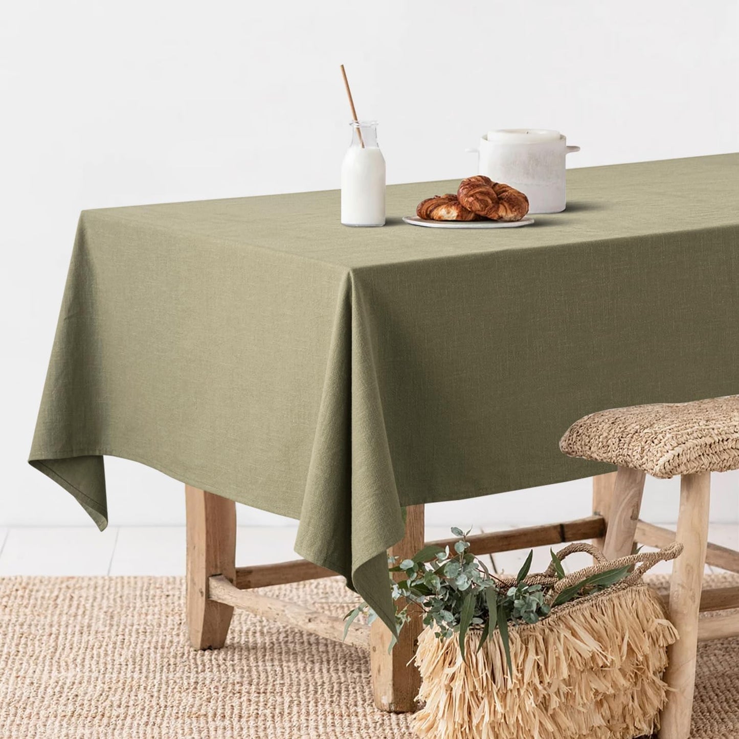 MIULEE Linen Cotton Blend Tablecloth Rectangle, Luxury Waterproof Stain Resistant Durable Farmhouse Oblong Table Cloth for Dining Party Weddings Birthday Events Boho Decor, 52 x 70 inch, Olive Green