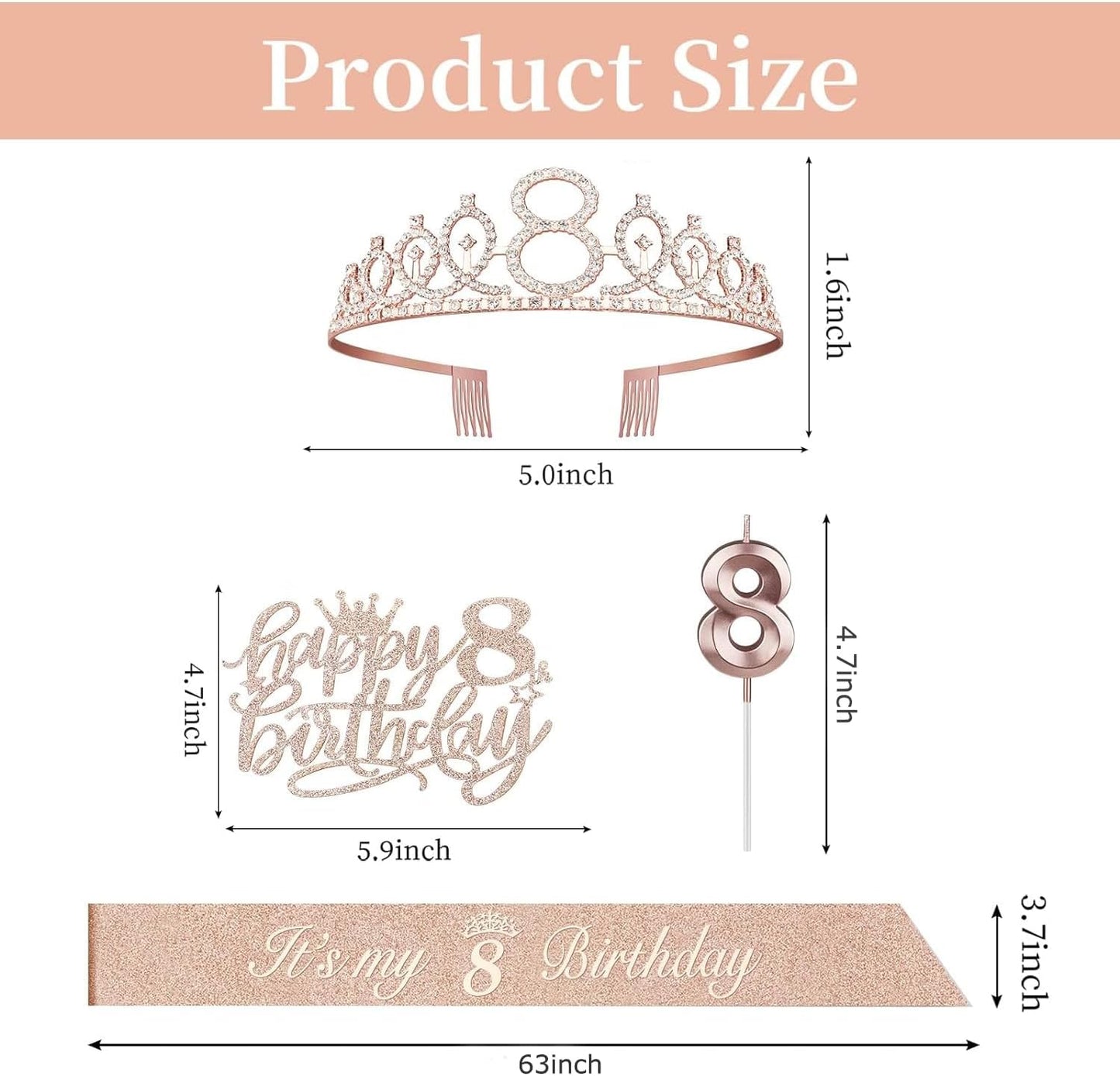 8th Birthday Decorations for Girl Including Sash, Crown, Numeral Candle and Cake Topper, 8 Year Old Girls Party Favor Supplies