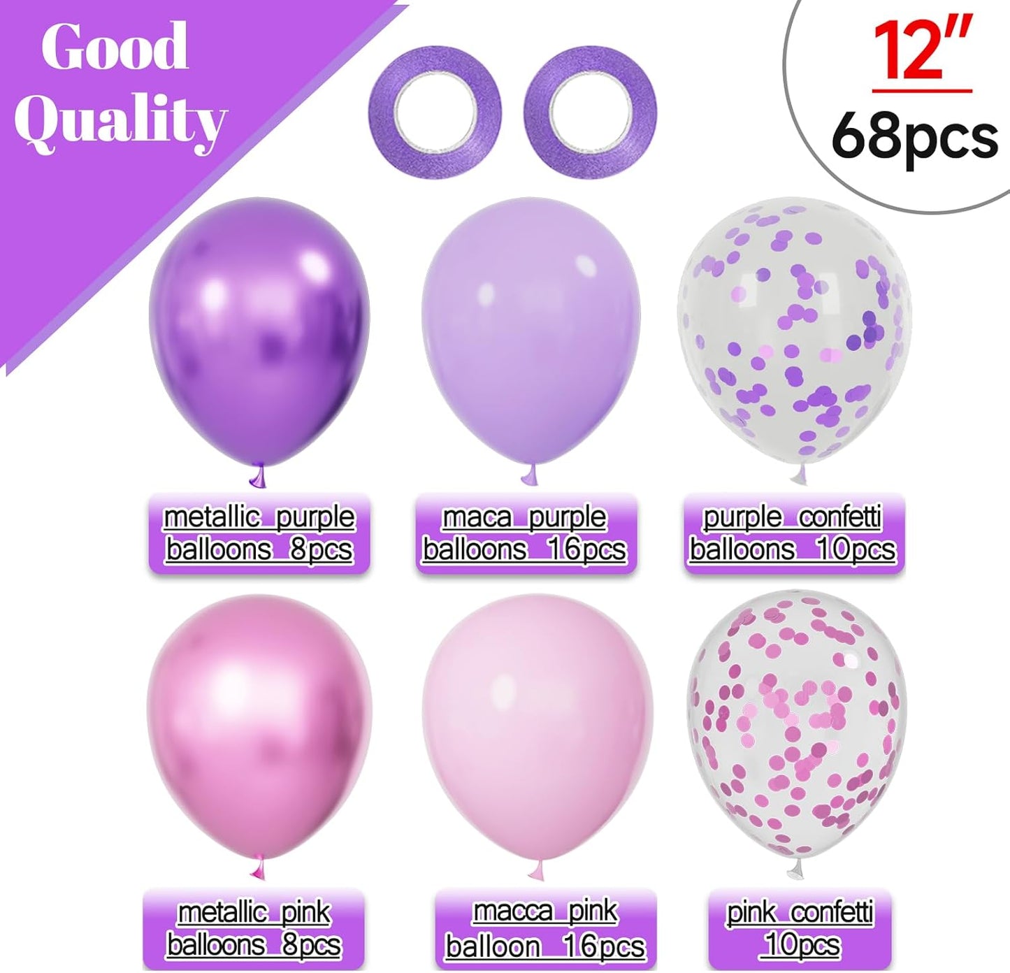 68Pcs Pink and Purple Balloons 12 Inch Metallic Purple Pink Latex Balloon Confetti ballons with Ribbons Party Balloons for Wedding Girls Birthday Baby Shower Decorations.