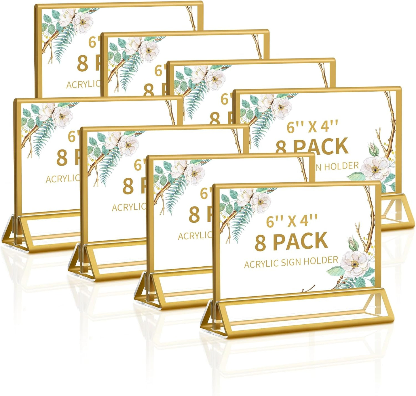Smarpau 6x4 Gold Acrylic Sign Holder, 8 Pack Wedding Table Number Holders with Horizontal Stand, Double Sided Photo Picture Frames Stands, Flyer Stand, Paper Display Stand for Cafe, Restaurant