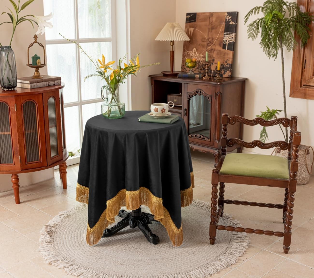 F-CHU Luxury Black Tablecloth Thickset Velvet Tablecloth with Beautiful Gold Tassels Vintage Table Cloth for Home Decor Wedding, Party, Banquet and Events 67x120-Inch