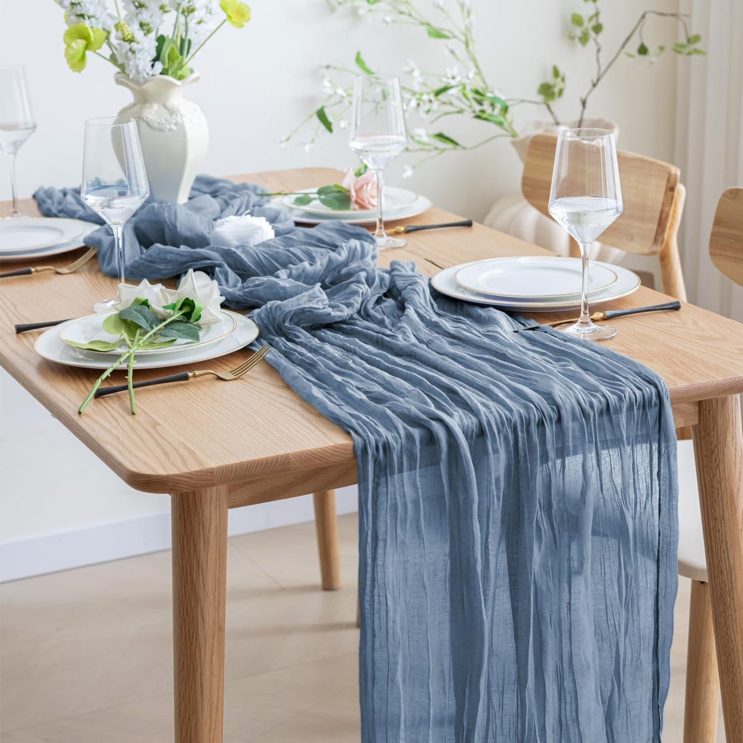 Asee'm 3pcs Cheesecloth Table Runner 120 Inches Dusty Blue Boho Gauze Cheese Cloth Runner 10FT Rustic Sheer Table Runners for Centerpiece Wedding Baby Shower Spring Easter Decoration