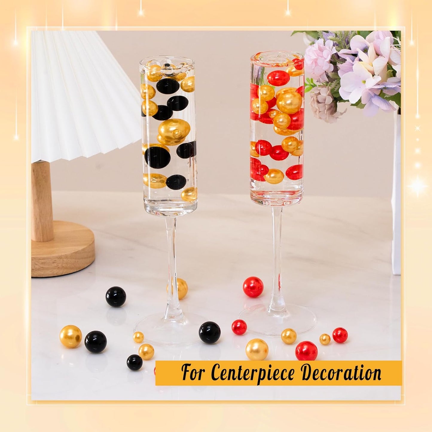 300Pcs Pearl Vase Filler, Black Gold No Hole Faux Pearl Beads for Centerpieces Vases, Candle Centerpieces, Wedding Birthday Party Home Decor 8/10/14/20mm