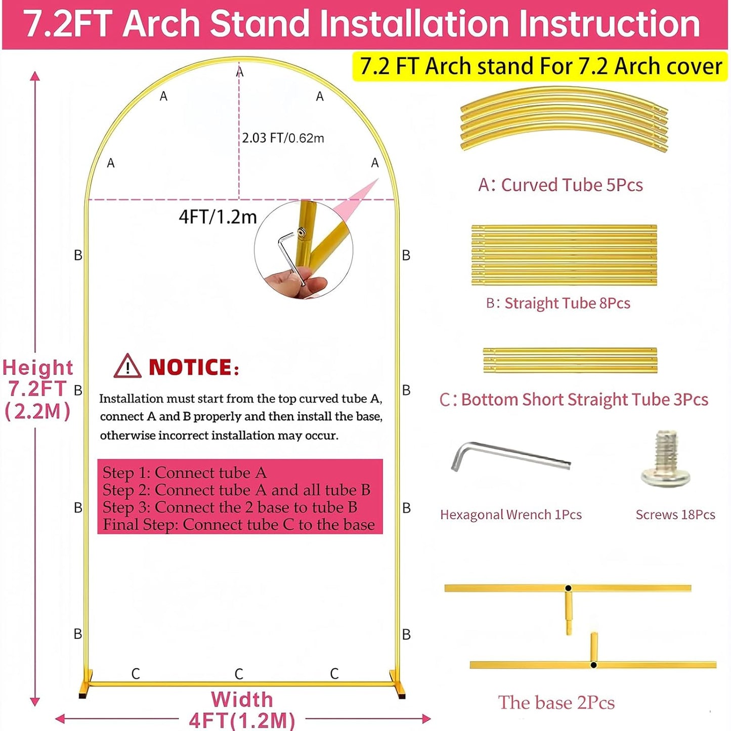 Metal Arch Backdrop Stand 7.2FT Gold Wedding Balloon Arched Backdrop Stand Square Arch Frame for Birthday Party Bridal Baby Shower Ceremony Decoration