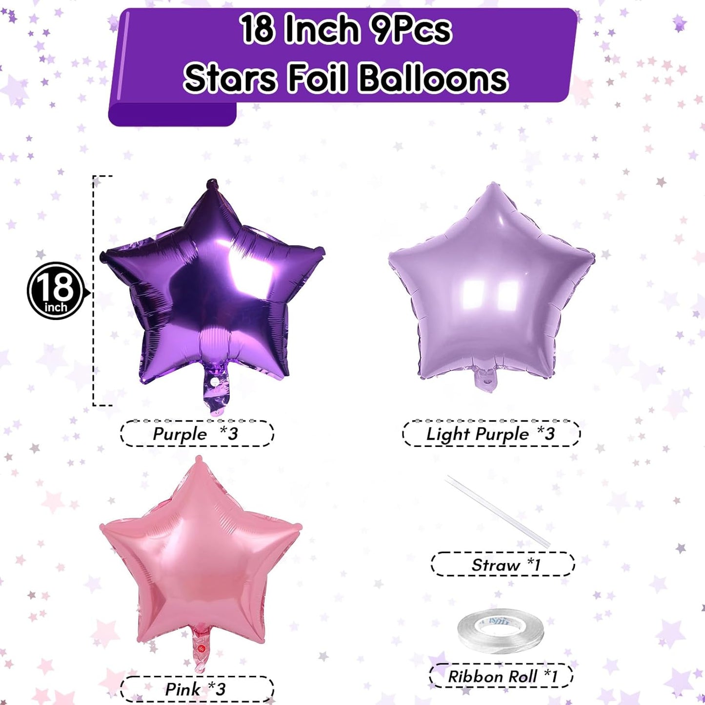 TAOYE Purple Pink Stars Foil Balloons, 18 Inch Lavender Purple Pink Stars Helium Balloons Dark Purple Light Purple Pentagram Foil Balloons for Girls Birthday Wedding Butterfly Theme Party