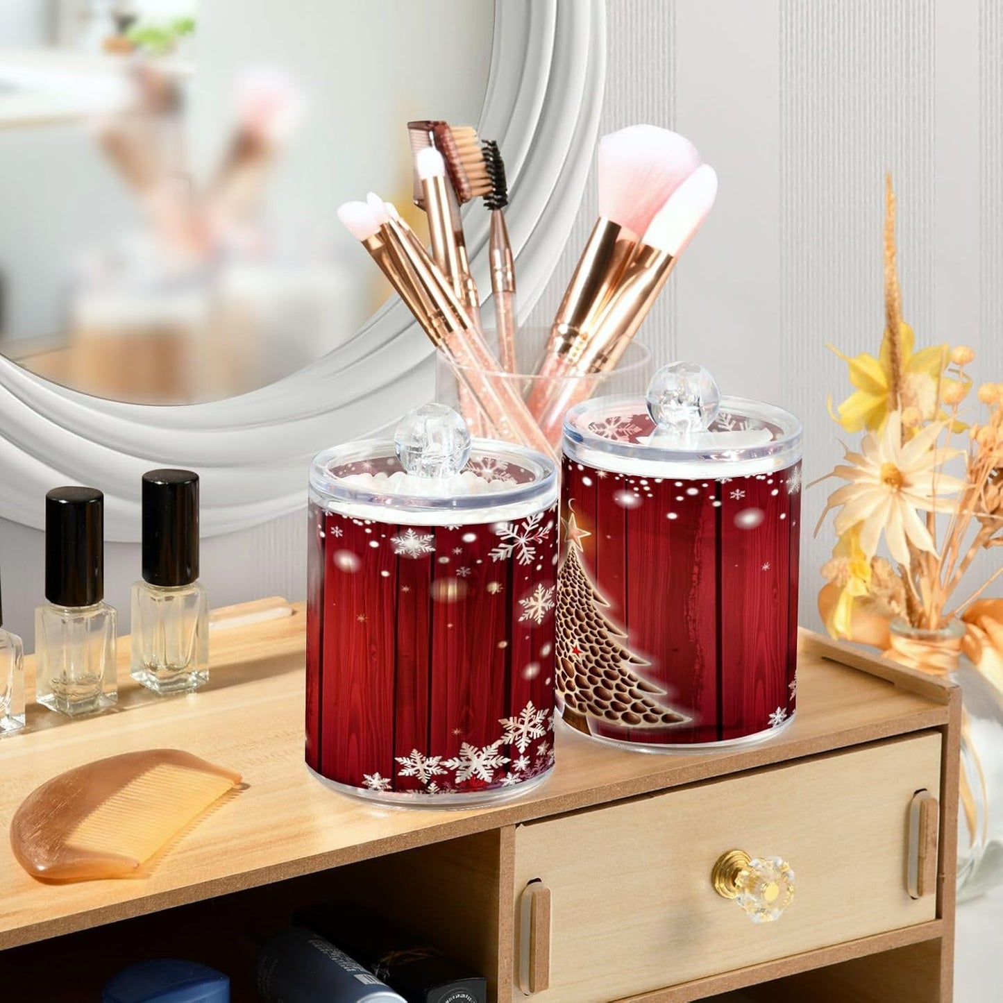 Gredecor Christmas Winter Qtip Holder Dispenser 2 Pack Christmas Tree Red Snowflakes Bathroom Decorative Storage Canister Holder Counter Vanity Organizer for Cotton Ball Swabs Pads Floss
