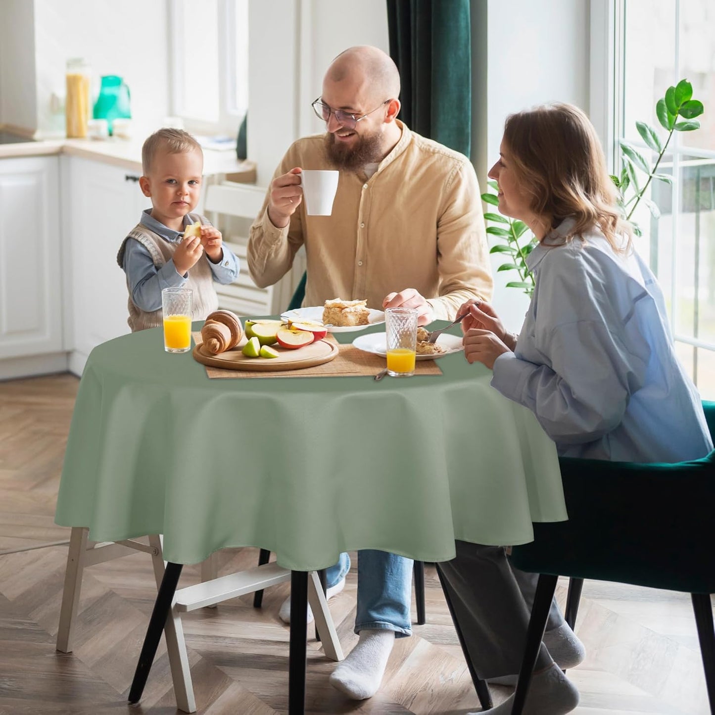 sancua Round Tablecloth - 60 Inch - Water Resistant Spill Proof Washable Polyester Table Cloth Decorative Fabric Table Cover for Dining Tables, Buffet Parties and Camping, Sage Green