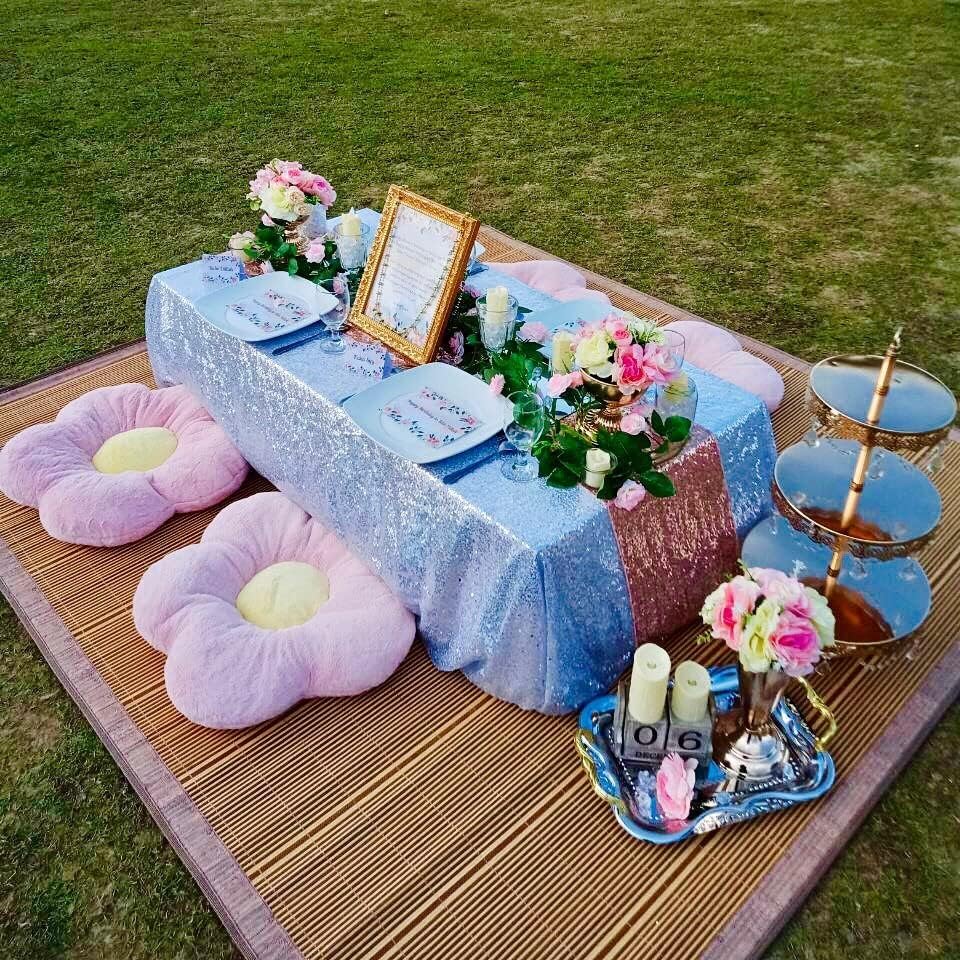 QueenDream Sequin Tablecloth 60"x102" Sparkly Party Table Cloths Sequin Table Cloth Overlay for Wedding Birthday Baby Shower Decoration Baby Blue