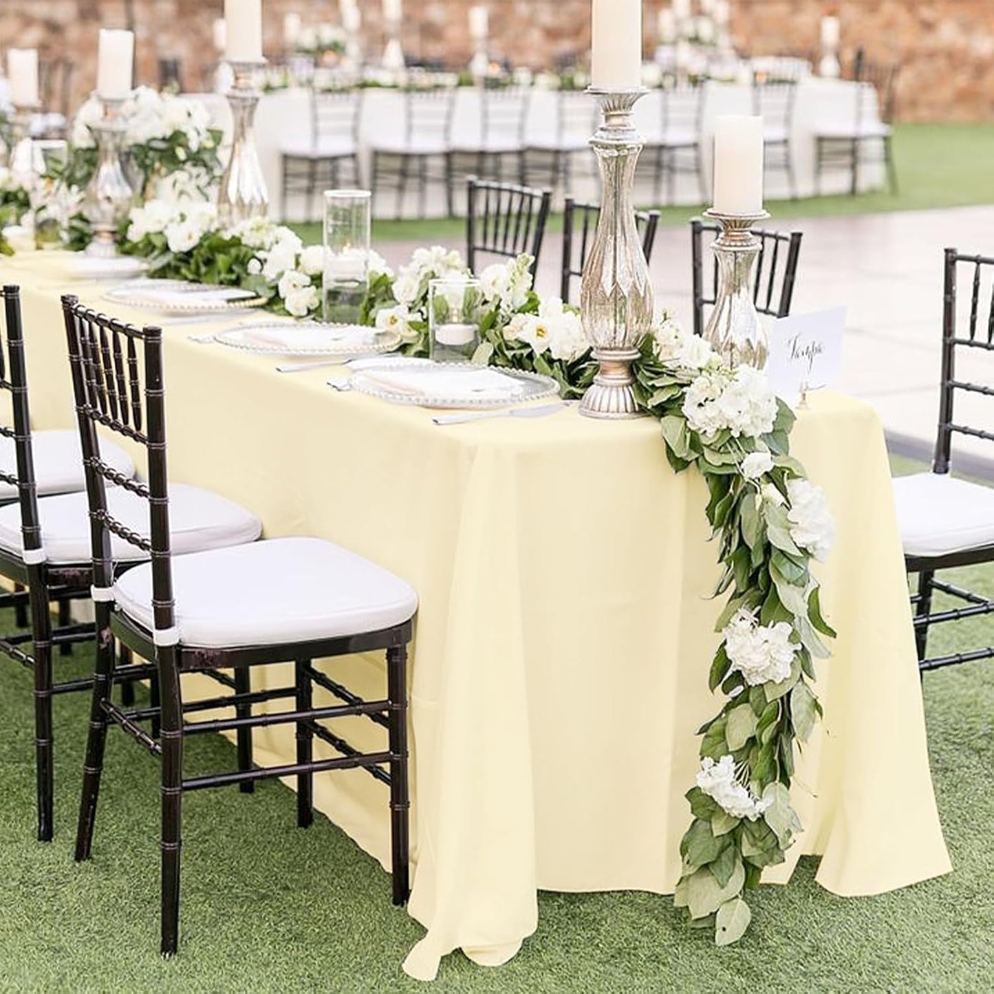 12 Packs 90 x 132 Inch Tablecloth, Beige Polyester Table Cloth for 6ft Rectangle Tables, Washable Fabric TableCover for Wedding Banquets Parties Buffet Dining Table