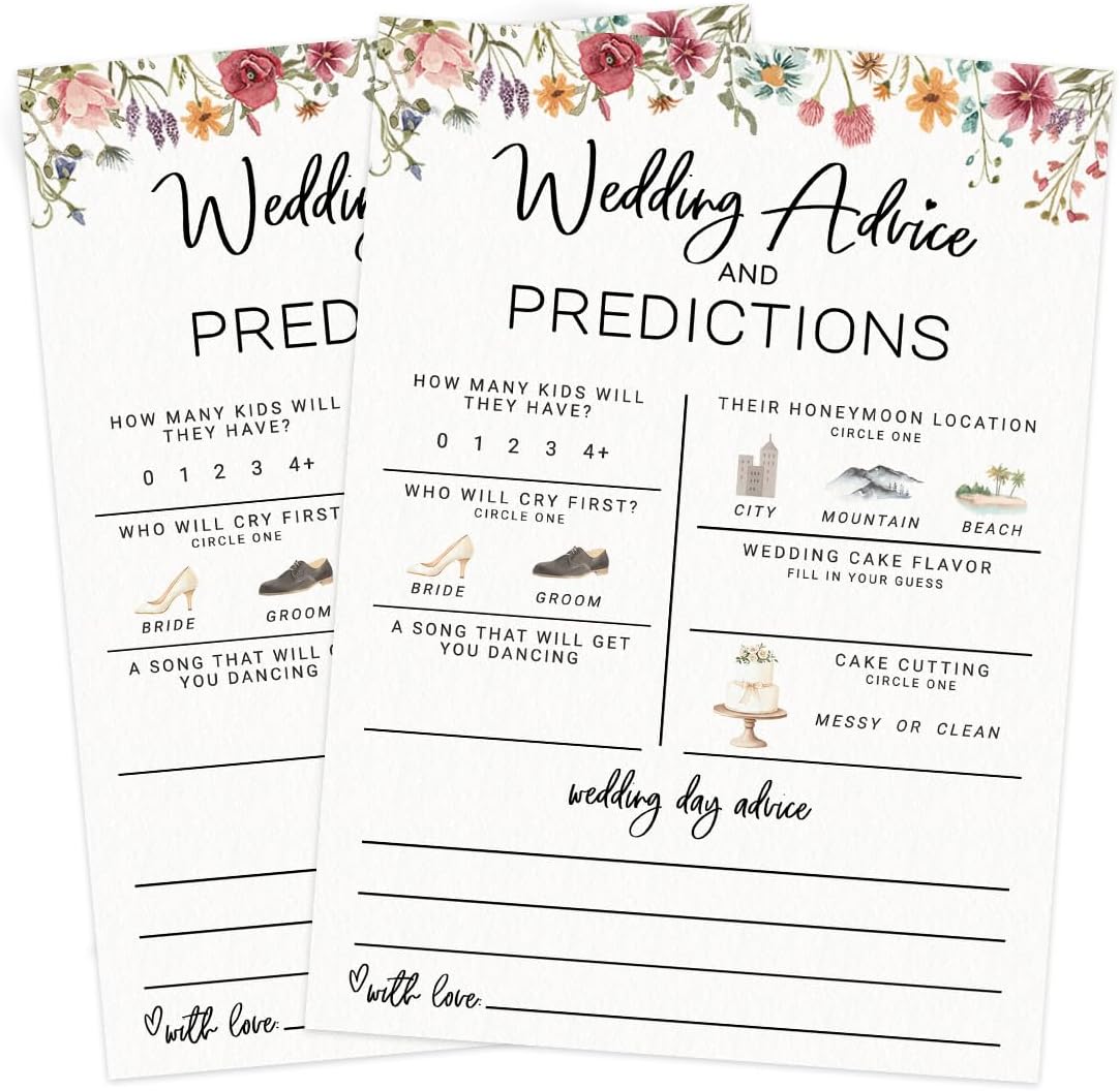 Printed Party Bridal Shower Game – Wedding Prediction Cards for Guests, Fun Advice and Guessing Activity, Wildflower in Bloom Theme, Set of 30