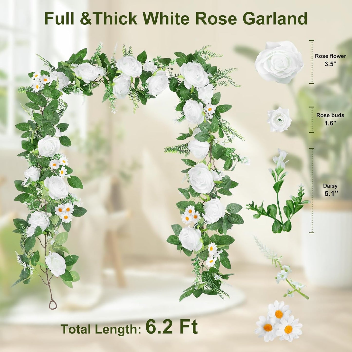 Naidiler Full Pretty White Rose Garland, 6.2FT Artificial Floral Vines Spring White Flower Garland for Wedding Arch Table Centerpiece Decor Home Backdrop Wall Valentines Decoration
