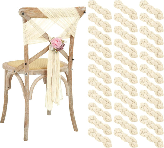50 PCS Cheesecloth Chair Sashes Bows Wedding Aisle Decorations Chair Ribbon Ties Back Sash for Wedding Party Events Banquet Chair Cover Decoration (Ivory)