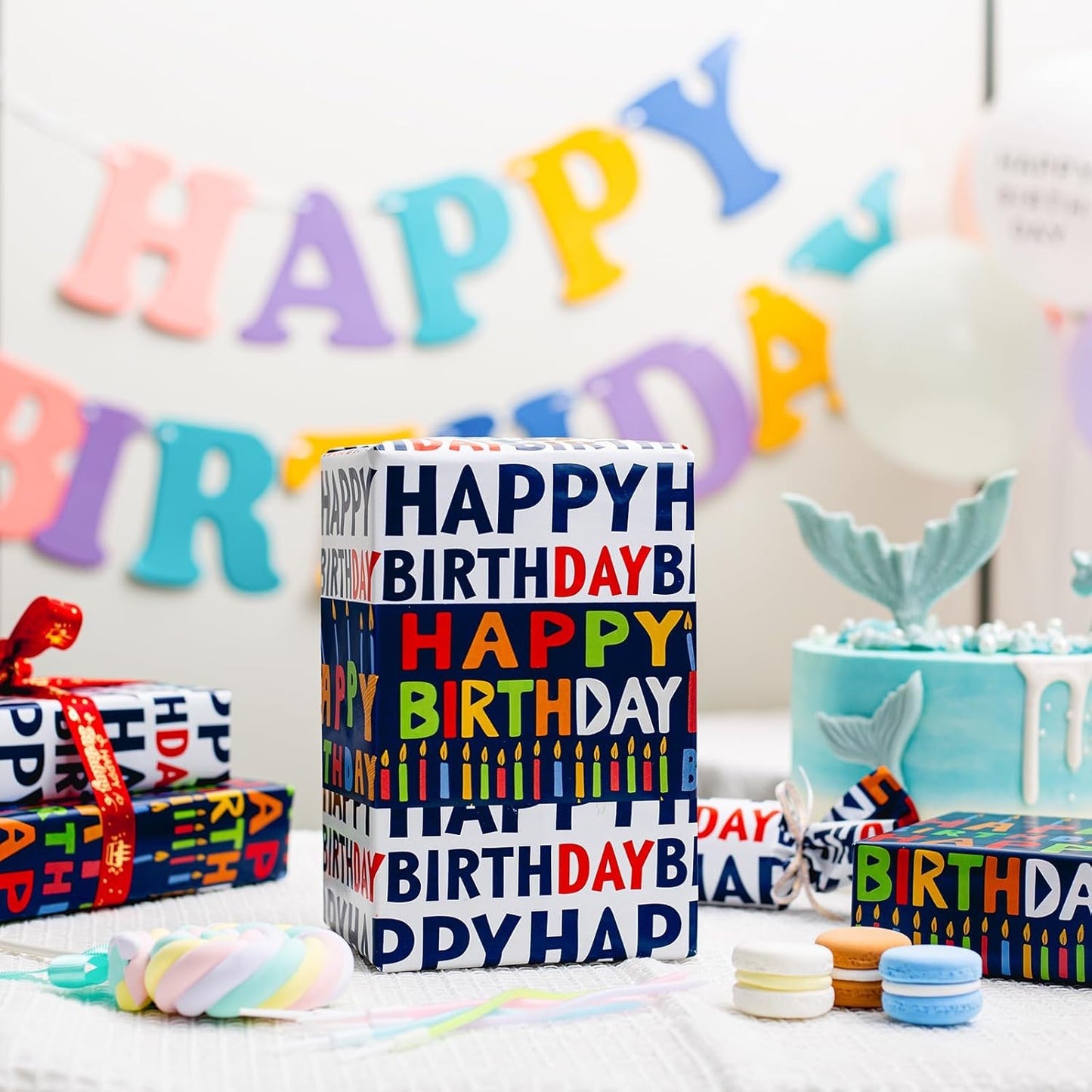 Yarcony Reversible Birthday Wrapping Paper Roll - 17 Inch X 16.5 Ft(23.4 Sq.Ft.Ttl) - Creative Colorful Happy Birthday Lettering & Candle Navy Blue Gift Wrap for Party, Baby Shower & Holiday