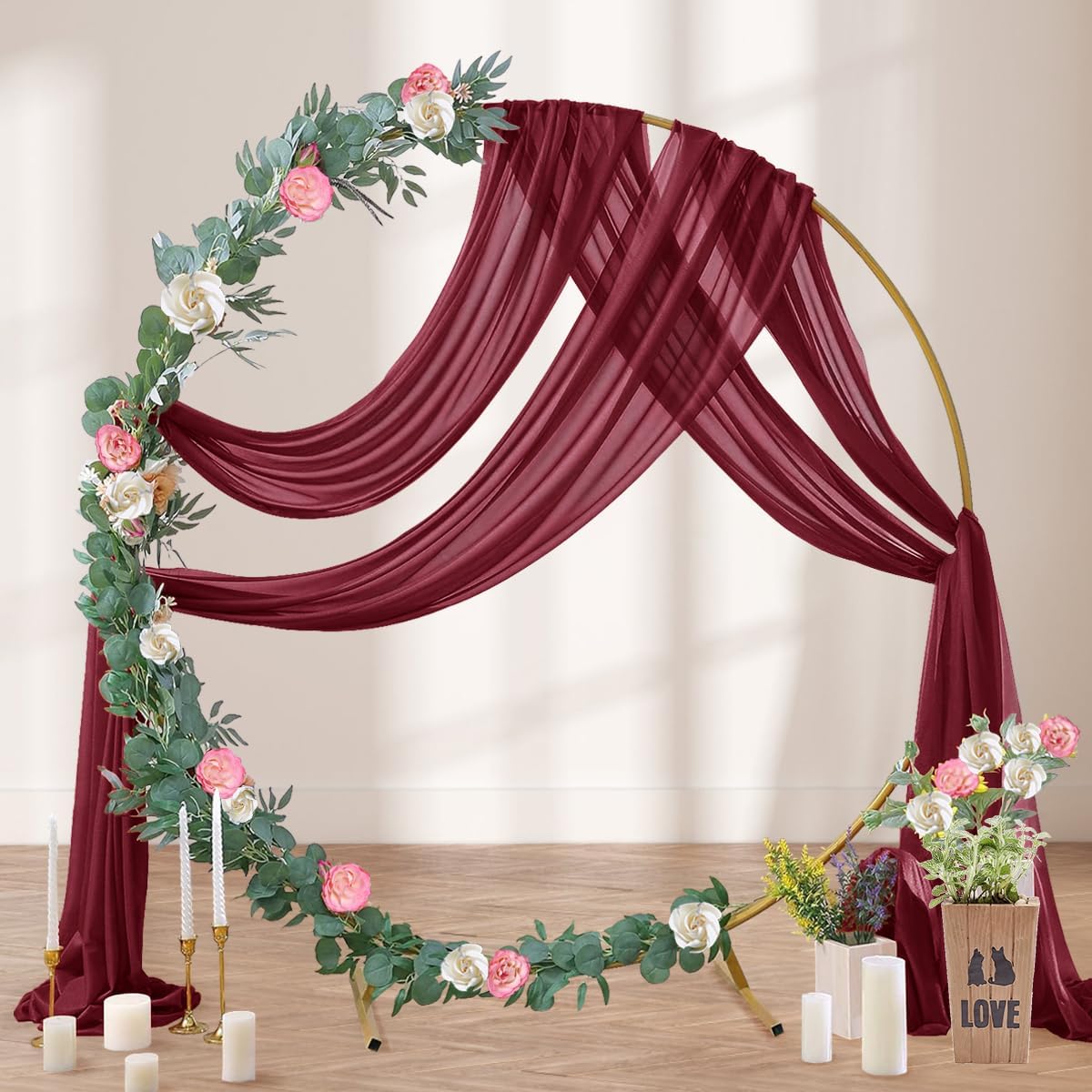 Burgundy Wedding Arch Draping Fabric 2 Panels 29" x 20 FT Red Drapes for Backdrop Sheer Curtains Wedding Drapes for Romantic Bridal Baby Shower Ceremony Birthday Party Fall Outdoor Events