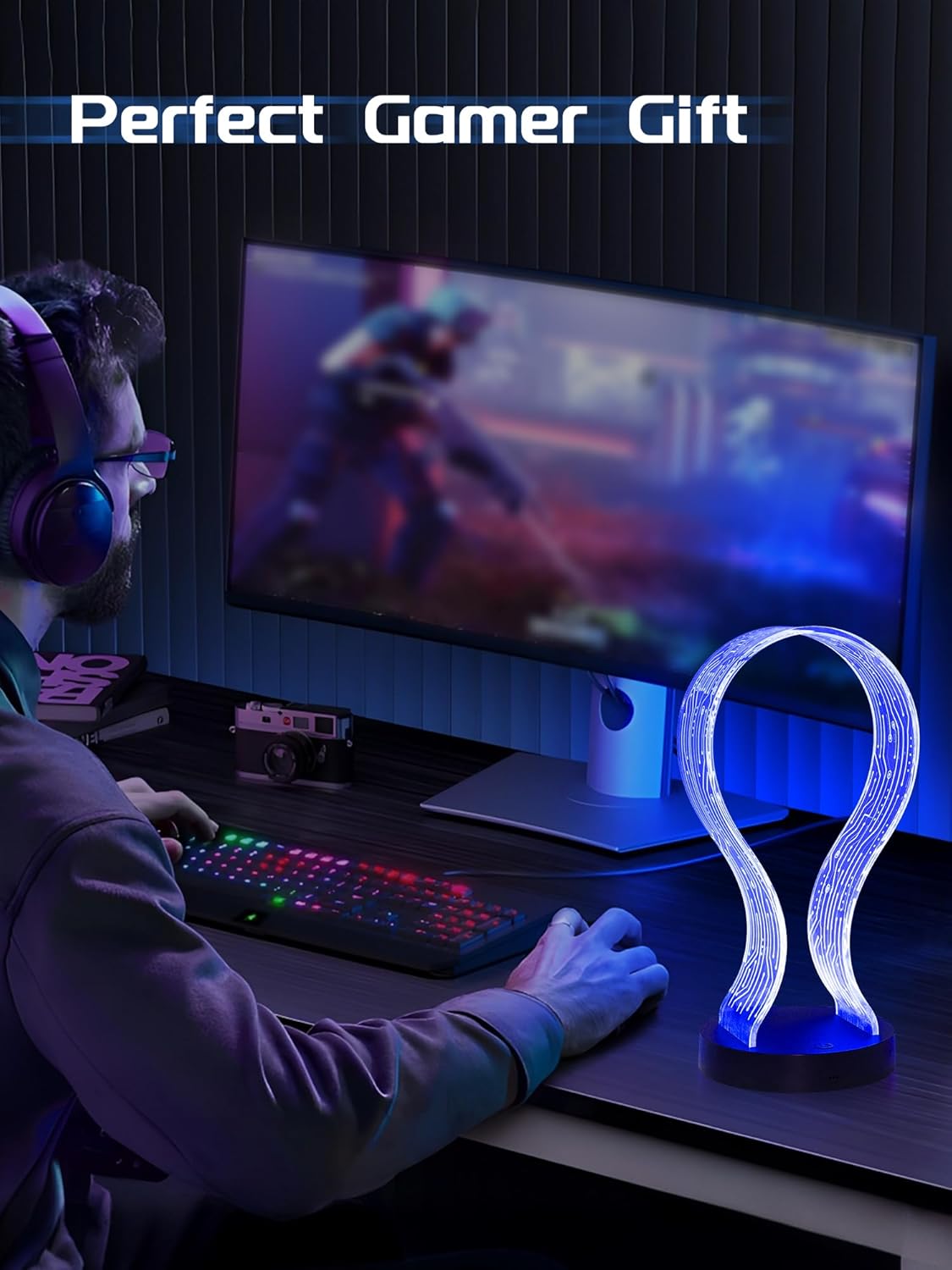 Light Up Headphone Stand with 16 Color Lights, PCB Pattern Acrylic Headset Stand with 1 USB and 1 Type-C Charging Ports, Gifts for Gamers Men and Music Lovers