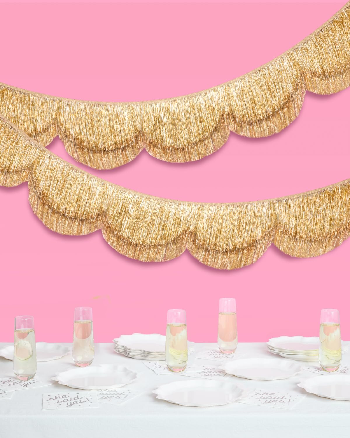 xo, Fetti Gold Scalloped Layered Fringe Banner - 5 Ft. | Bachelorette Party Decorations, Birthday Party Decor, HBD Decor, Photo Booth Banner Backdrop