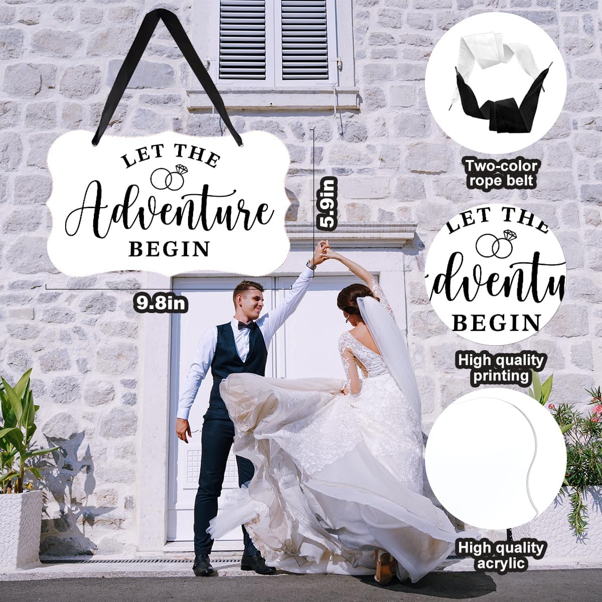 Acrylic Wedding Sign, Ring Bearer Sign, Rustic Wedding Decor Signs, Acrylic Wall Art With Ribbon for Chairs Weddings Decoration and Event Party - Let the Adventure Begin (White)