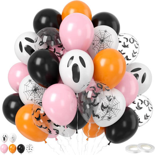 Pink Black Halloween Balloons Set, 50 Pcs White Spider Print Balloons, 12 Inch Pastel Pink Black and Orange Balloon Bat Confetti Balloon for Halloween Girls Night Decorations